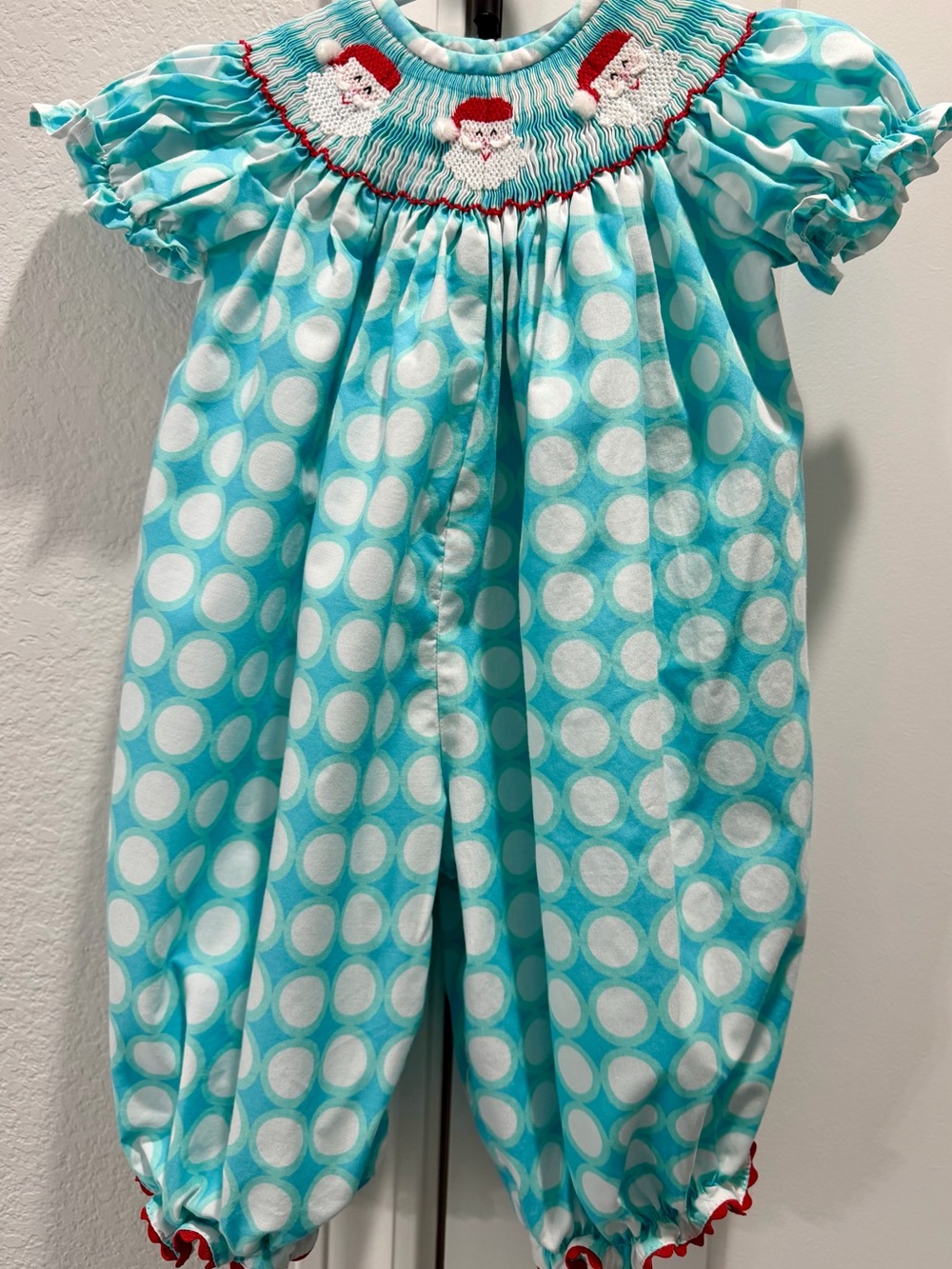 Lolly Wolly Doodle Aqua Blue Polka Dot Christmas Santa Smocked Bubble Romper 6 M